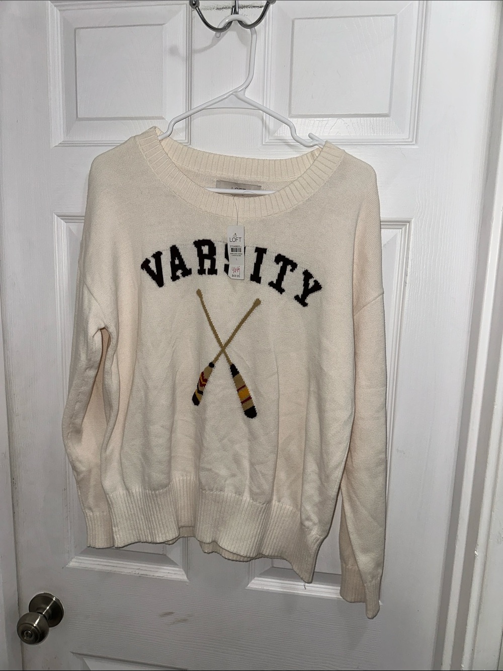 LOFT Cream Crewneck Sweater with 'VARITY' Lettering and Oar Graphic NWT